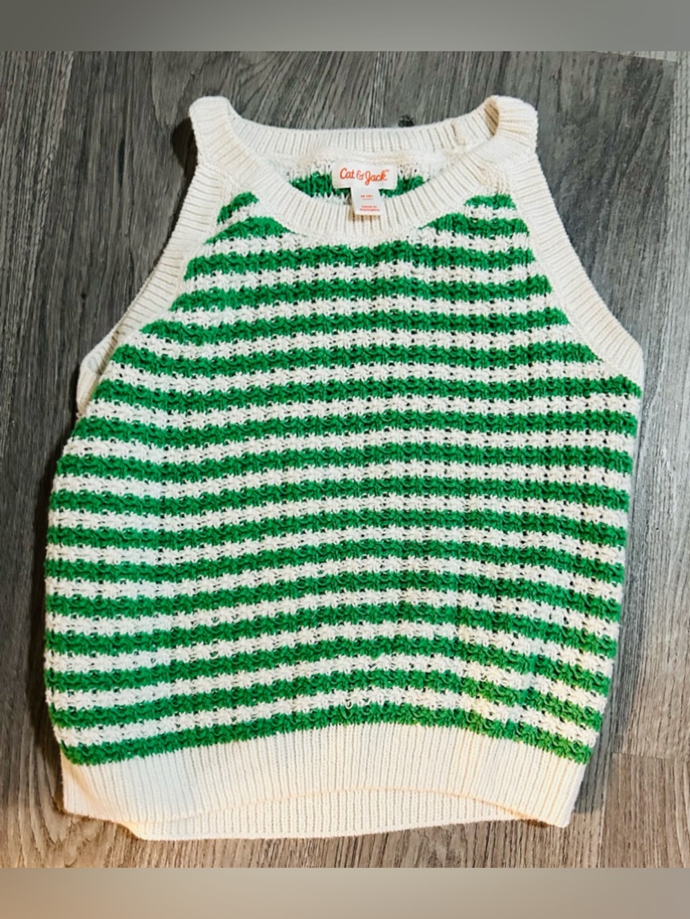 ⭐️Cat & Jack Medium 8 Girls Short Green and White Striped Crochet-Style Tank